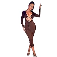 Womens Fall Fashion 2022 Plunging Neck Cut Out Criss Cross Self Tie Dress (Color : Chocolate Brown, Size : X-Small)