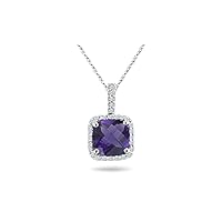 0.22 Cts Diamond & 1.60 Cts of 8 mm AAA Cushion D/C Amethyst Pendant in 14K White Gold