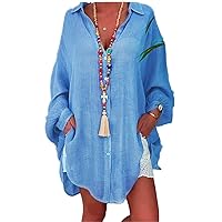 Womens Plus Size Cotton Linen Solid Lantern Sleeve Shirt Beach Cover-Up Button Baggy Mid-Length Blouse