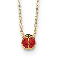 14k Yellow Gold Polished Red, Black Enameled Finish Small Size Hollow Ladybug Pendant in a 16.5-inch Cable Chain Necklace Set