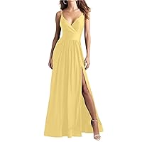 Women’s A Line Spaghetti Straps V Neck Bridesmaid Dresses, Satin Sleeveless Formal Evening Party Gown with Slit
