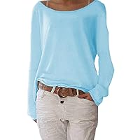 Solid Color Casual Round Neck Long Sleeve Women Knitted T-Shirt Bottoming Top(Blue,3X-Large)