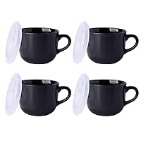 Ceramic Soup Mugs with Lid, 24 oz Soup Cups with Hanlde for Coffee,Cereal,Salad,Noodles,Tea,Soup Bowls Cups,Microwave &Dishwasher Safe, Set of 4, Black with Vented lid