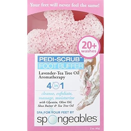 Spongeables Pedi-Scrub Foot Buffer, Lavender Scent, Contains Shea Butter and Tea Tree Oil, Foot Exfoliating Sponge with Heel Buffer and Pedicure Oil, 20+ Washes, 1 Count (PDB-1012-aMZ)
