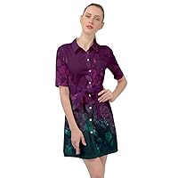CowCow Womens Work Dresses Vintage Roses Floral Flowers Pattern Belted Shirt Dress, XS-3XL