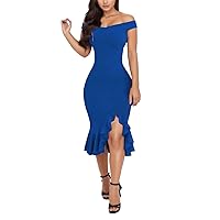 XJYIOEWT Spring Dresses for Women 2024 Trendy Maxi, Slit Dress Shoulder Fashion Women Cold Hem Ruffle Loose Plain Dress