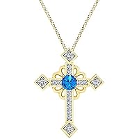 1.50Ct Round Cut Blue Topaz & Diamond 925 Sterling Silver 14K Gold Finish Diamond Cross Pendant Necklace for Women's & Girl's