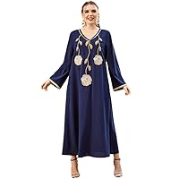 HAN HONG Pus Size Nation Embroidered Long Sleevevcollar Embroidery Stitching Long Sleeve Arabic Maxi Dress