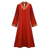 Women's Solid Color Crewneck Dresses Flower Embroidery Ethnic Dress Long Sleeve Casual Loose Dress