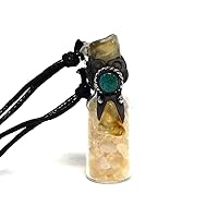 Healing Chip Stone Glass Wishing Bottle Tumbled Gemstone Crystal Pendant Chrysocolla Adjustable Necklace - Womens Fashion Handmade Jewelry Boho Accessories