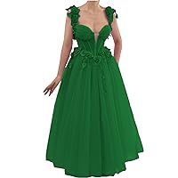 Women's 3D Floral Tulle Ball Dress Tea-Length Lace Applique Homecoming Evening Party Dress