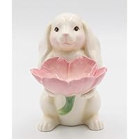 Fine Ceramic Bunny Rabbit Holding Pink Tulip Flowers Candy Candle Plate Figurine, 6-1/4