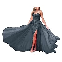 Sparkly Sequin Prom Dresses Long with Detachable Train High Slit Women Formal Evening Gowns for Homecoming Party