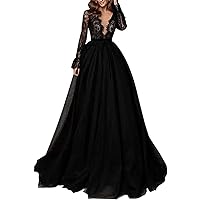 Long Sleeve Prom Dress A-Line Lace Tulle Wedding Gown V-Neck Formal Evening Gown