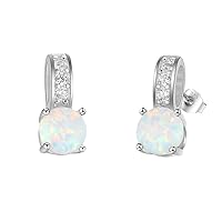 Tanduaji Opal Earrings Silver 925 Women's Stud Earrings, White Opal Four Claws Round Shape, Opal Jewellery Wedding Fashion Jewellery Earrings for Women, Sterling Silver, Opal