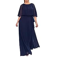 Women 3/4 Bell Sleeve Waist-Defined Flowy Chiffon Dress Fashion Pleated Hem Crewneck Lace-Up Split Back Casual Dress