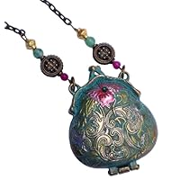 Long Art Nouveau Gold Vintage Style Turquoise Hinged Pocketbook Handbag Locket Pendant Necklace with Hand Painted Flowers Victorian Boho Romantic Jewelry for Women