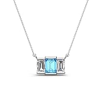 Emerald Cut (6x4 mm) Blue Topaz & Natural Diamond 1 1/3 ctw Women Three Stone Pendant Necklace 14K Gold