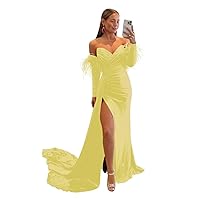 ZSHAOLHYJYZS Feather Mermaid Satin Prom Dresses Split Pleated Formal Gown Off Shoulder Evening Party Dress