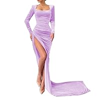 Women’s Sexy Velvet Square Neck Prom Dress Long Sleeve Bodycon Ruched with Slit Cocktail Maxi Dress