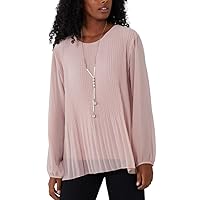 STAR FASHION Ladies Italian Pleated Necklace Top Lined Chiffon Front Round Neck Long Sleeve Blouse Top with Pendant One Size UK 8 to 16