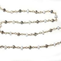 Pyrite Coated & Freshwater Pearl Stone Faceted & Pearl Smooth Rondelle Gemstone Beaded Rosary Chain by Foot For Jewelry Making - 24K Gold Plated Over Silver Handmade Wire Wrapped Bead Chain Necklaces