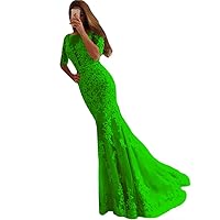Women's Lace Half Sleeves Mermaid Evening Dresses Long Backless Party Prom Gowns Green