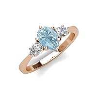 Pear Shape Aquamarine & Lab Grown Diamond 1.60 ctw Tiger Claw Set Six Prong Women Three Stone Engagement Ring 14K Gold