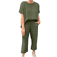 Women's Summer Two Piece Outfits Cotton Linen Capris Sets Short sleeve Tops and Wide Leg Cropped Pants Matching Set