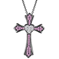 Created Heart Cut Pink Sapphire 925 Sterling Silver 14K Gold Over Diamond Heart Cross Pendant Necklace for Women's & Girl's