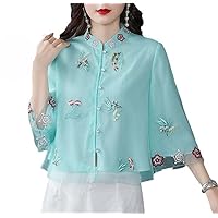 Women EN8 Pink Chinese Blouse Ethnic Embroidery Vintage Blouse Long Sleeve Ladies Casual Tang Suit Tops