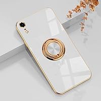 Omorro for iPhone XR Case for Women Ring Holder, Built-in 360 TPU Rotation Kickstand Rings Cases with Stand Glitter Plating Rose Gold Edge Work with Magnetic Mount Slim Sleek Luxury Case Girly White