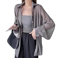 Women Long Sleeved Coat Sunscreen Shirt Casual Loose Shirts Thin Transparent Blouses Summer Blue Clothing Large Size