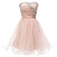 VeraQueen Women's Sweetheart Beaded Homecoming Dress Short Tulle Sleeveless Cocktail Gown Apricot