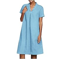 Womens Summer Dresses Fashion Lapel Cotton Linen Dress for Women 2023 V Neck Short Sleeve Tshirt Dresses Sundresses