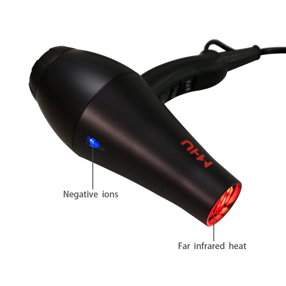MHU Professional Infrared Ionic Hair Dryer,Smoothing Concentrator and Volumizing Diffuser,2 Speed 3 Heat and Cool Setting,AC Motor and 2.65 Meter Salon Cable,Powerful Blow Dryer 1875W, Black