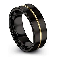 Tungsten Wedding Band Ring 8mm for Men Women 18k Rose Yellow Gold Plated Flat Cut Center Line Black Brushed Polished
