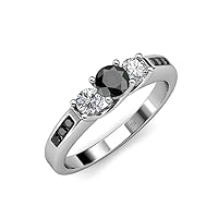 Round Black & White Diamond Women Three Stone Engagement Ring with Black Diamond on Side Bar 0.85 ctw 14K Gold