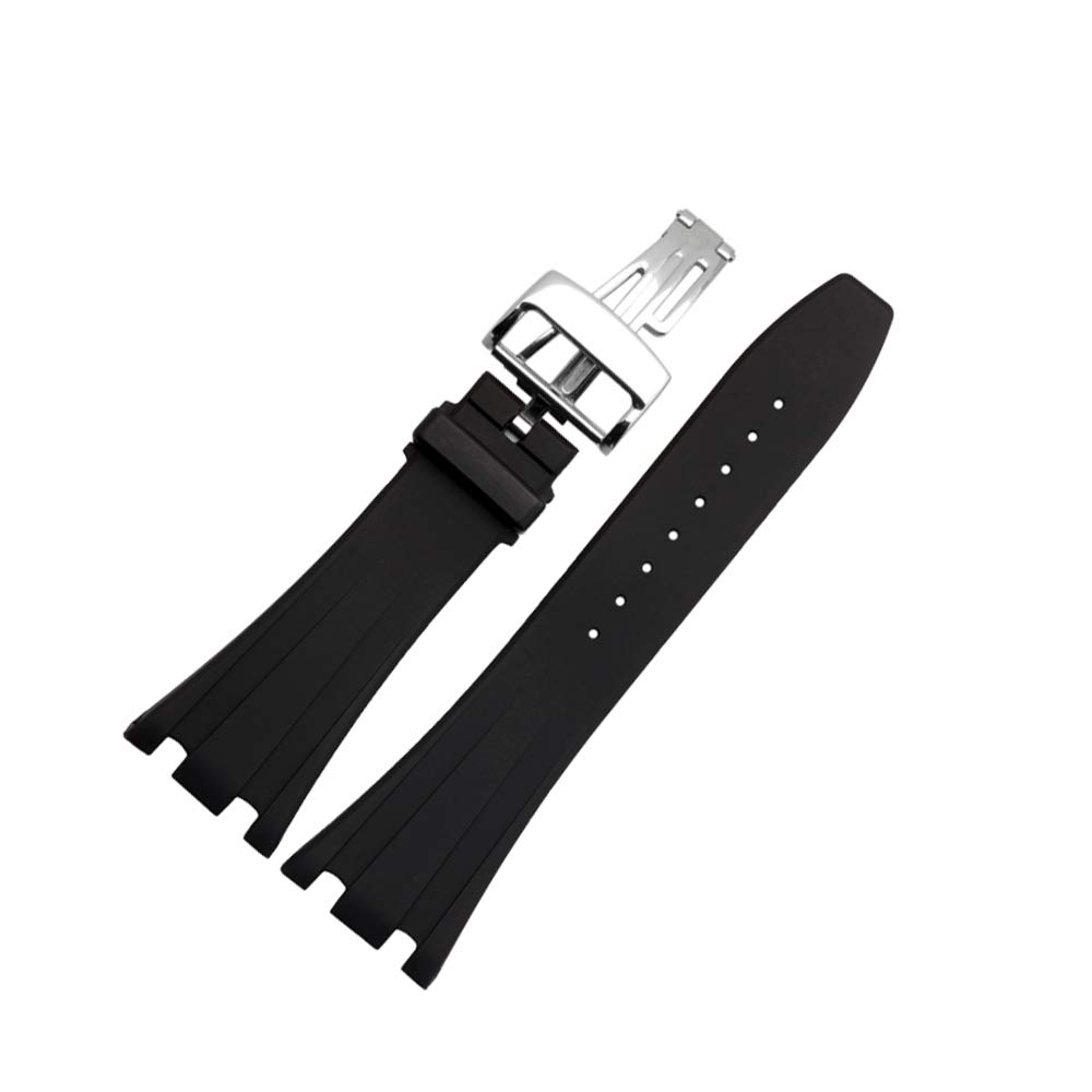 Finjin R 28mm Silicone Black Watch Band with Butterfly Buckle Suitable for Audemars Piguet Men's Watches (28 mm, Silver-Buckle)