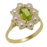 10k Yellow Gold Natural Peridot & Cultured Pearl Womens Cluster Ring - Sizes 4 to 12 Available