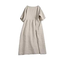 Women's Dresses Short Batwing Sleeve Age-Reduced Cotton Dress Casual Loose Office Lady Linen Work Short Sleeved Dress