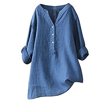 Tops for Women Solid Color Stand Collar Long Rolled Up Sleeve Shirt Casual Loose Blouse Button Down Tops Tshirts