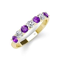 Round Amethyst Lab Grown Diamond 1 ctw 7 Stone Women Wedding Band Stackable 14K Gold