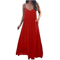 Spaghetti Strap Maxi Dress for Women Summer Casual Beach A-Line Dresses Ruffle Hem Elegant Solid Swing Sumdress