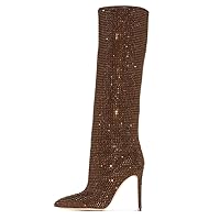 Vertundy Women’s Knee High Boots - Rhinestone Pointed Toe Stiletto Heel Long Boot Banquet Dress Boots for Lady Wide Calf Sexy