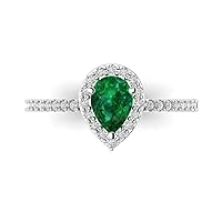 Clara Pucci 1.19ct Brilliant Pear Cut Solitaire with accent Simulated Green Emerald designer Modern Statement Ring Solid 14k White Gold