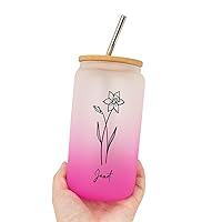 New Year Gifts Customized Birth Flower Frosted Glass Cup with Lid 16 Oz Juice Milk Cups with Bamboo Lid And Straw Party Favor Mothers Day Gifts for Girlfriend, Women, Bitrhflower