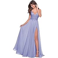 Spaghetti Straps Chiffon Bridesmaid Dresses Side Slit Long Lace Applique V-Neck Formal Evening Party Gowns
