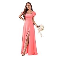 Women's Long Chiffon Bridesmaid Dresses for Wedding Ruffle Sleeve A Line Evening Formal Party Dress with Slit U006
