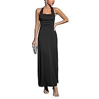 Women Halter Neck Backless Bodycon Maxi Dress Sexy Elegant Strapless Ruched High Slit Formal Long Dresses